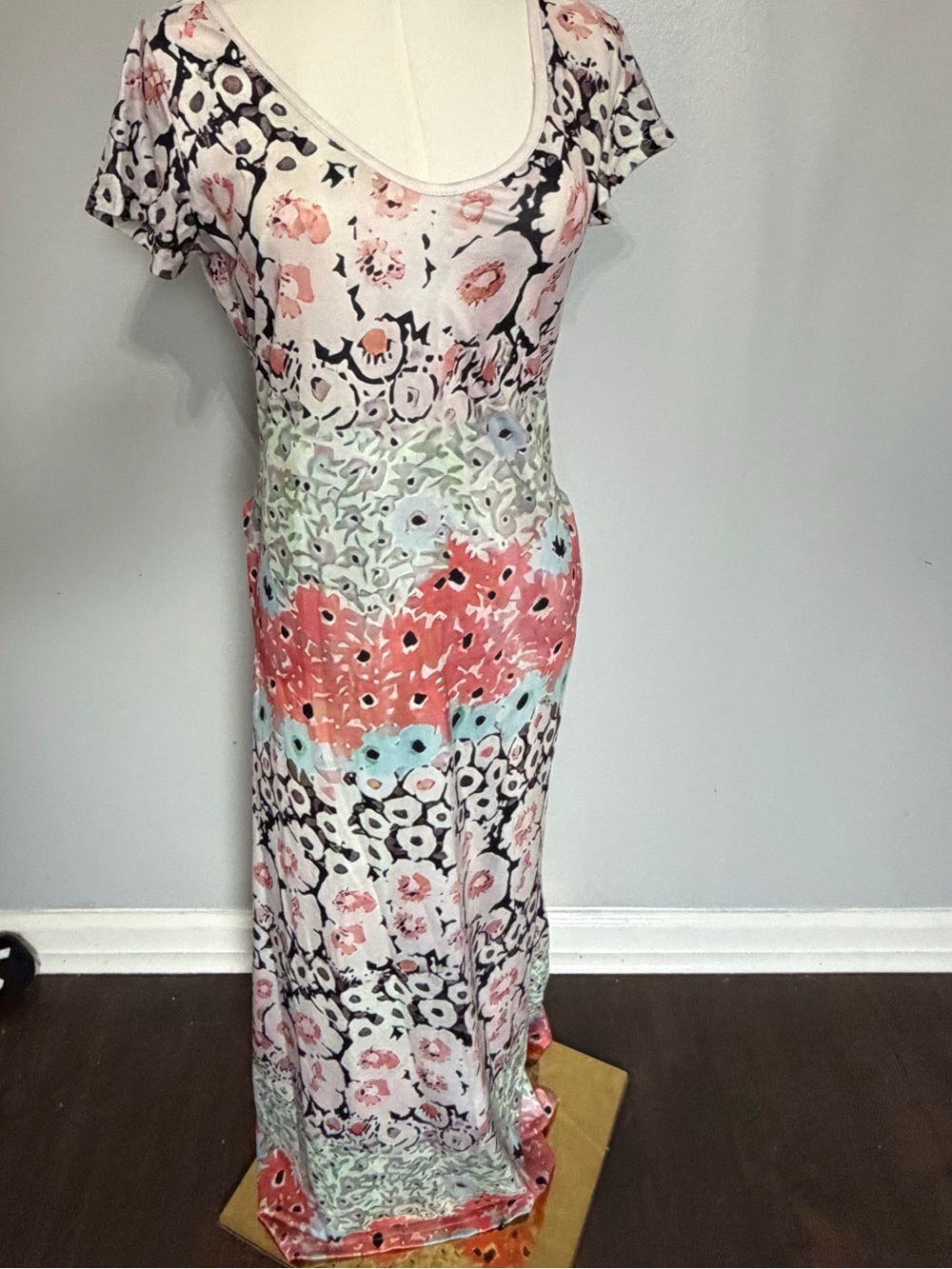 Watercolor Floral Bodycon Maxi Dress Scoop Neck Sz S